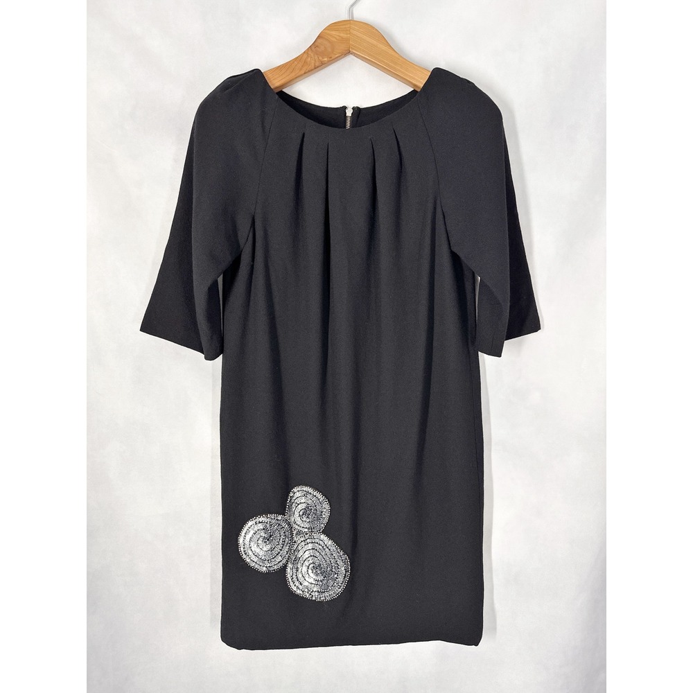 Vintage Fine Feathers 100% Wool Elbow Sleeve Black Beaded Dress Women's Size 6